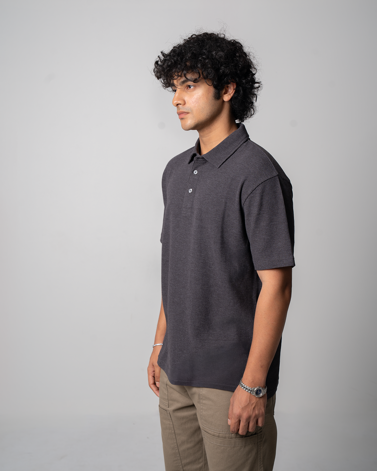 Mini Waffle Regular Polo-Dark Grey