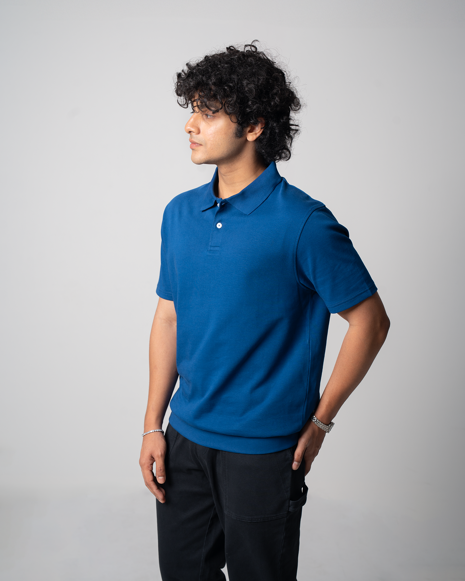 Ribbed Loose Jersey Polo - Navy