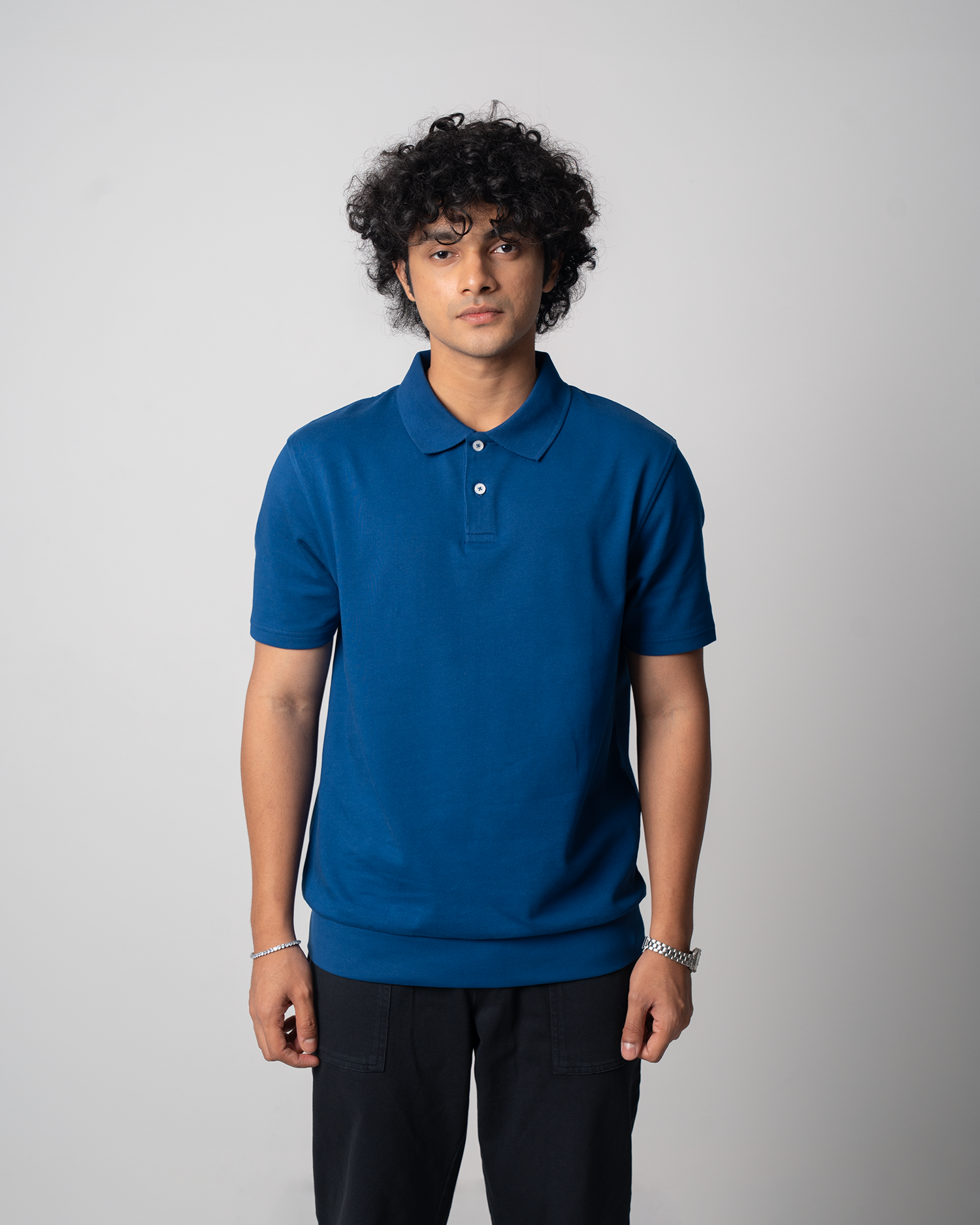 Ribbed Loose Jersey Polo - Navy