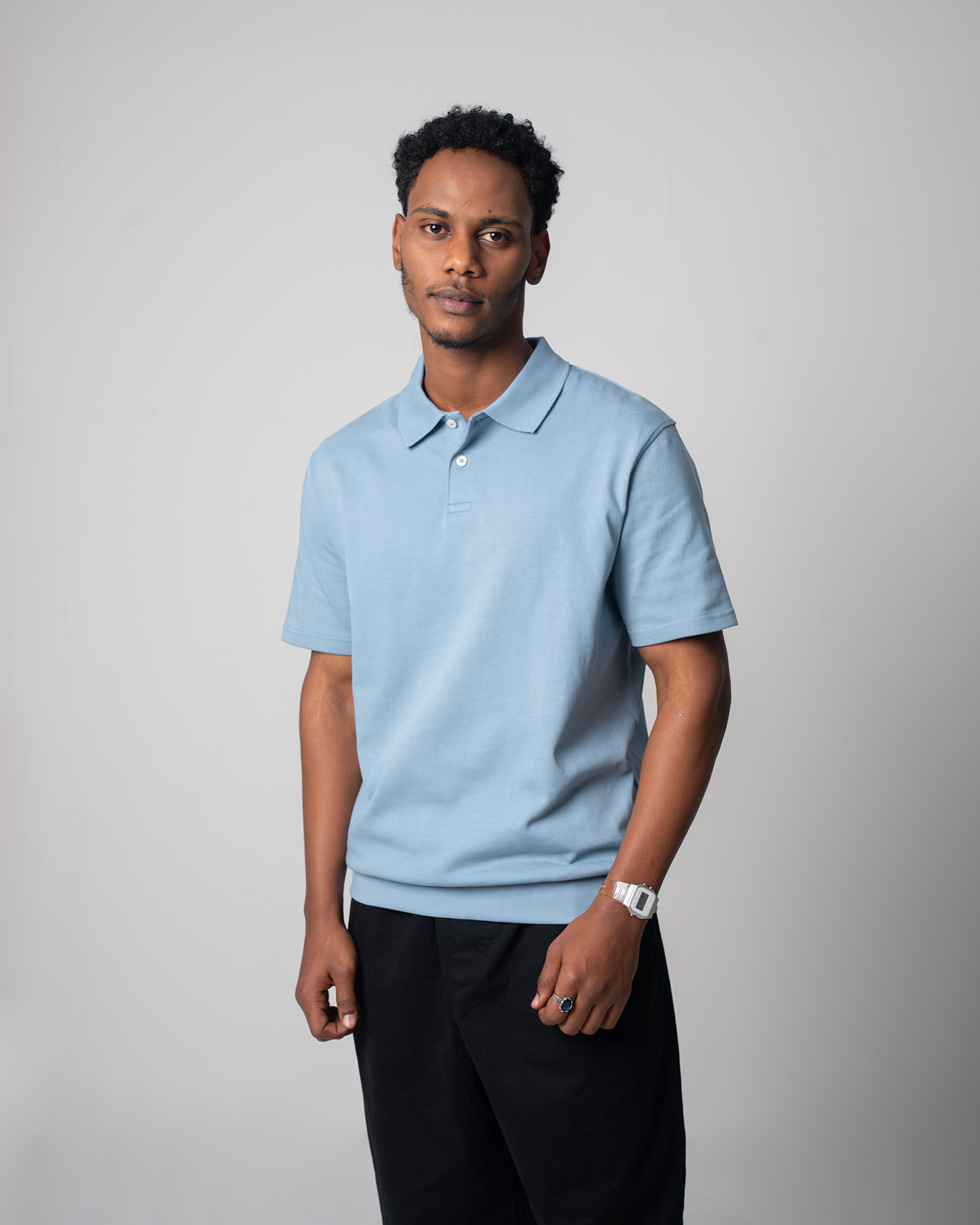 Ribbed Loose Jersey Polo - Sky Blue
