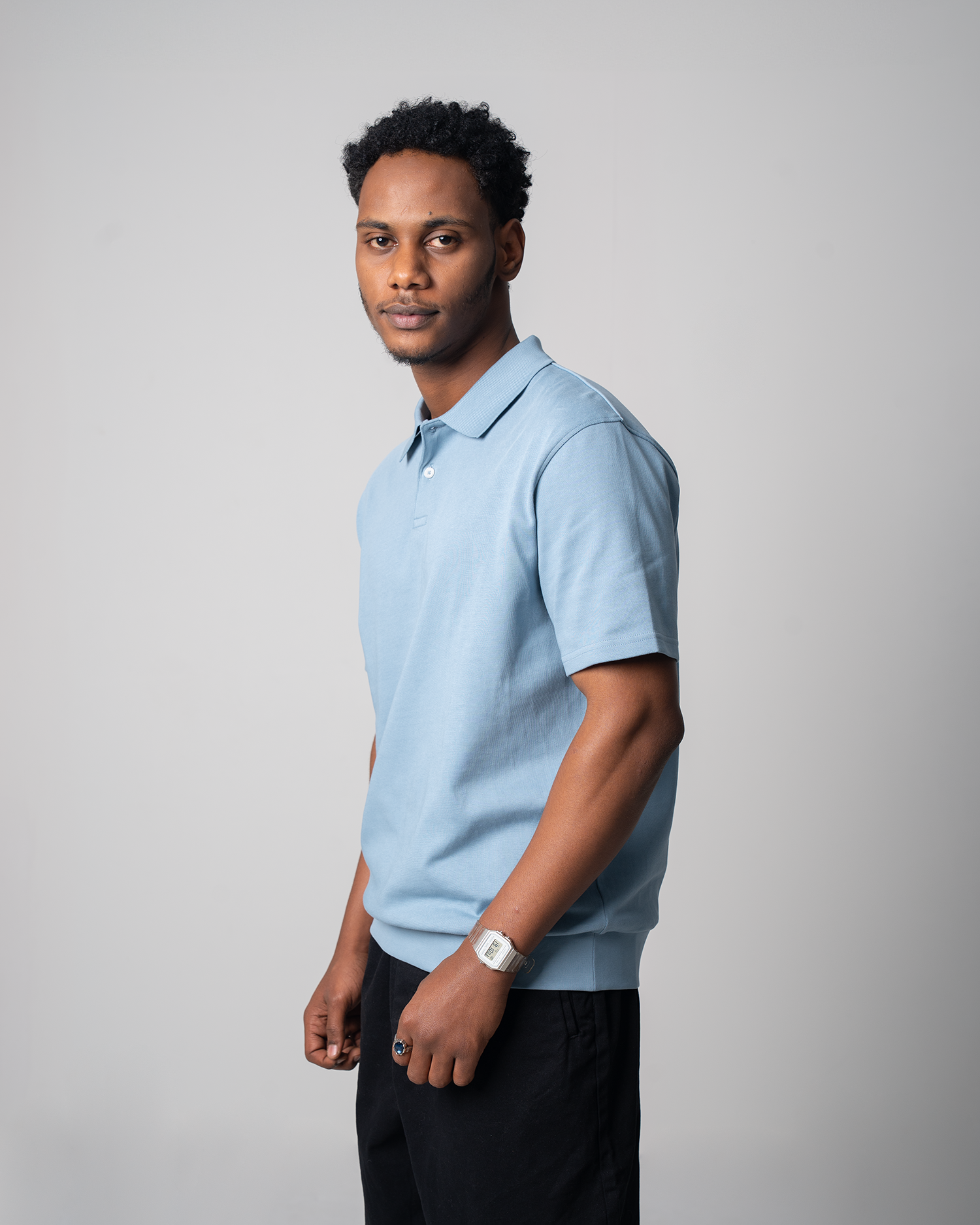 Ribbed Loose Jersey Polo - Sky Blue